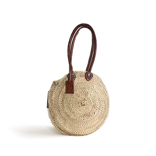 Round straw bag with leather handles on sale